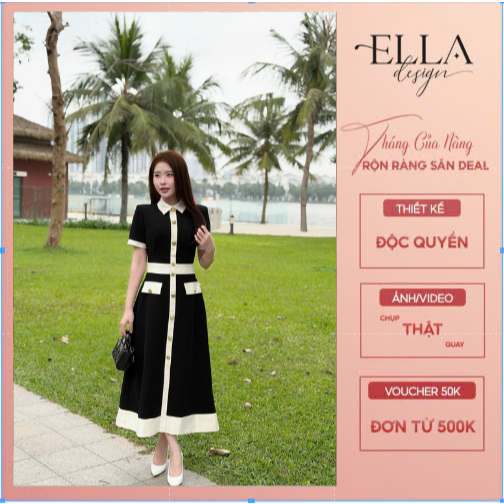 Váy Đầm Thiết Kế Ella Desgin dành cho nữ kiểu dáng váy midi xòe, tay ngắn, cổ bẻ phối be phù hợp mặc