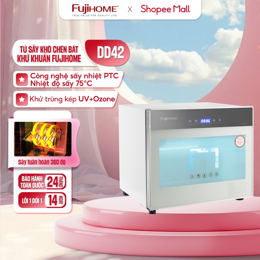 Tủ Sấy Bát Đũa Fujihome DD42 42L, Khử Khuẩn UV & Ozone, Màu Bạc
