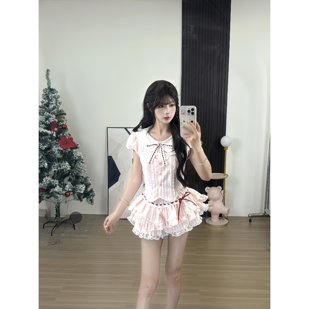 [8-10 ngày] Set 2 Món Mori Girl Ngọt Ngào - Áo Sơ Mi Cổ Bèo & Chân Váy Bồng Style Tiểu Thư