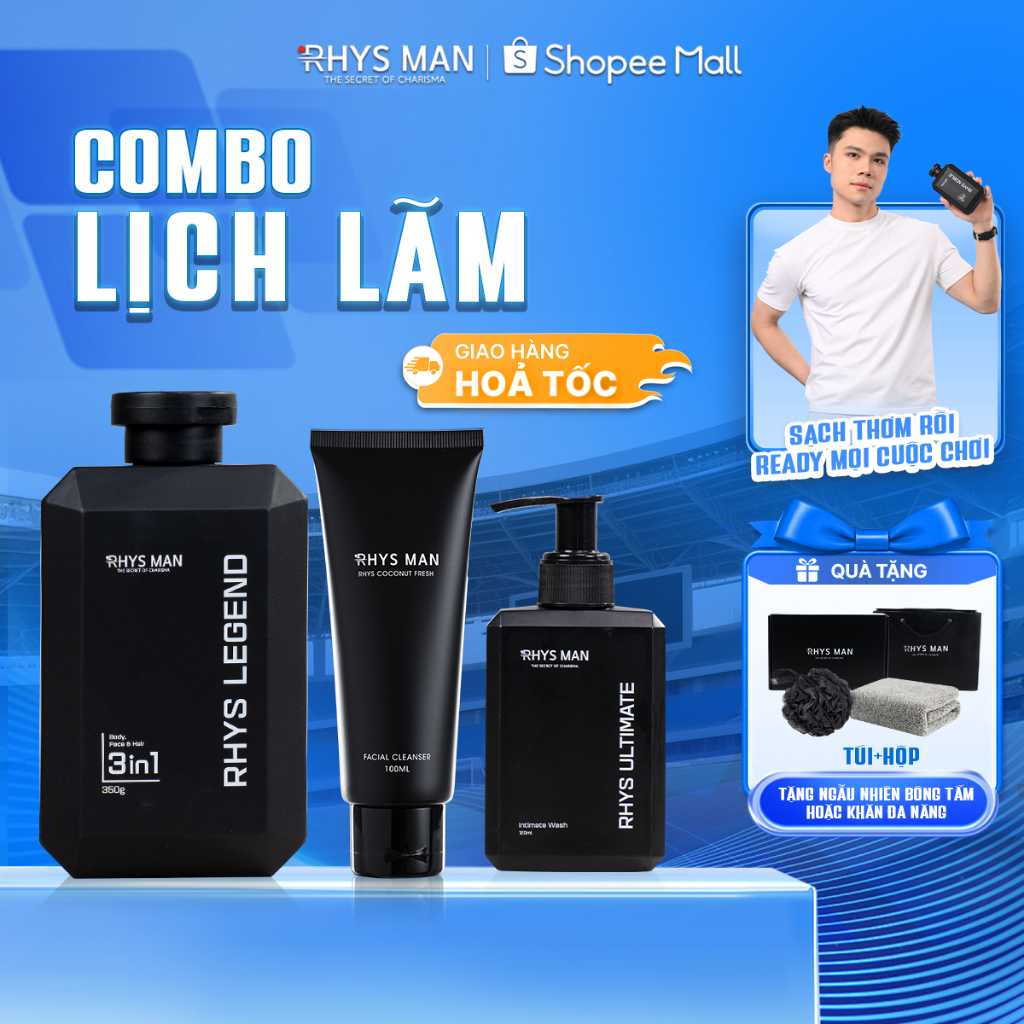 Combo Sữa tắm gội nam hương nước hoa 350 ml & Sữa rửa mặt nam 100ml & Dung dịch vệ sinh 100ml RHYS M