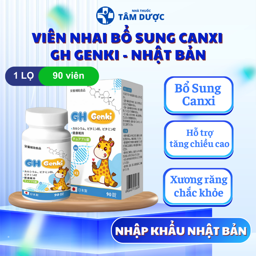 Viên Nhai Tăng Chiều Cao GH Genki Nhật Bản - Bổ Sung Canxi, Phát Triển Khung Xương Hộp 90 Viên