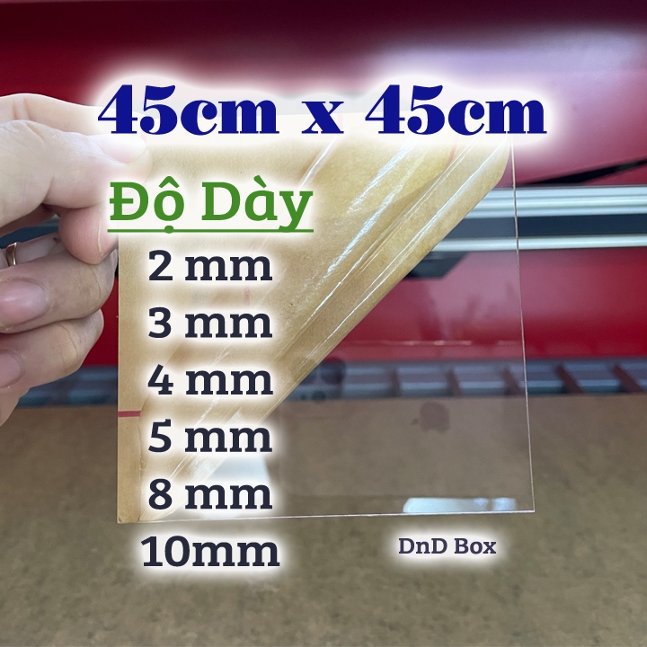 Tấm mica Đài Loan trong suốt 45cm x 45cm. Độ dày 2/3/4/5/8/10mm. Hình vuông hoặc tròn tùy chọn.