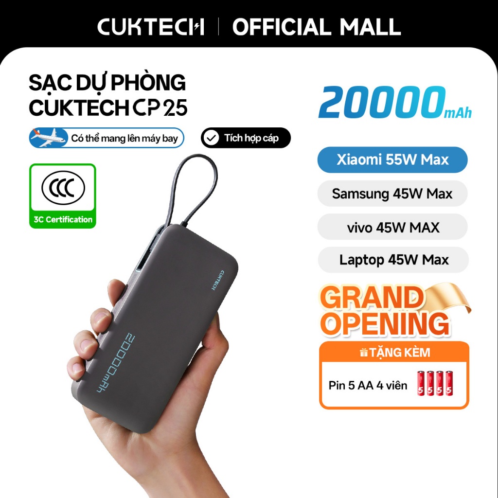 【Được chứng nhận CCC】CUKTECH Sạc Nhanh 55W 20000mAh – Tích Hợp Dây, Hỗ Trợ Xiaomi 55W Samsung 45W Laptop 45W iP 16/15/14 | BigBuy360 - bigbuy360.vn