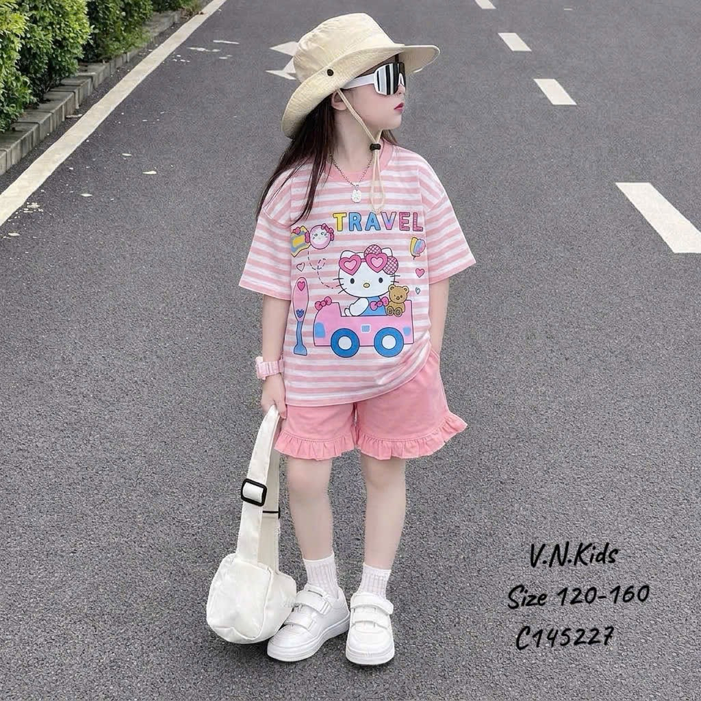 [DOKID] C219-Set áo kẻ ct giấy kitty + quần ct bèo kèm buộc tóc