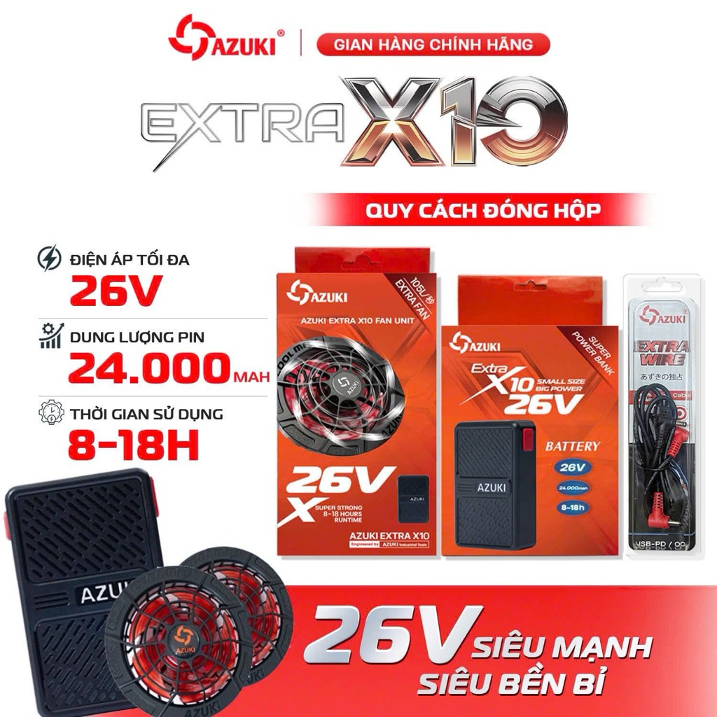 New  Bộ Phụ Kiện Áo Điều Hòa AZUKI EXTRA X10 THẾ HỆ MỚI  ,Pin Siêu Nhẹ 24.000 mAh, Quạt 26V  Chạy 8H