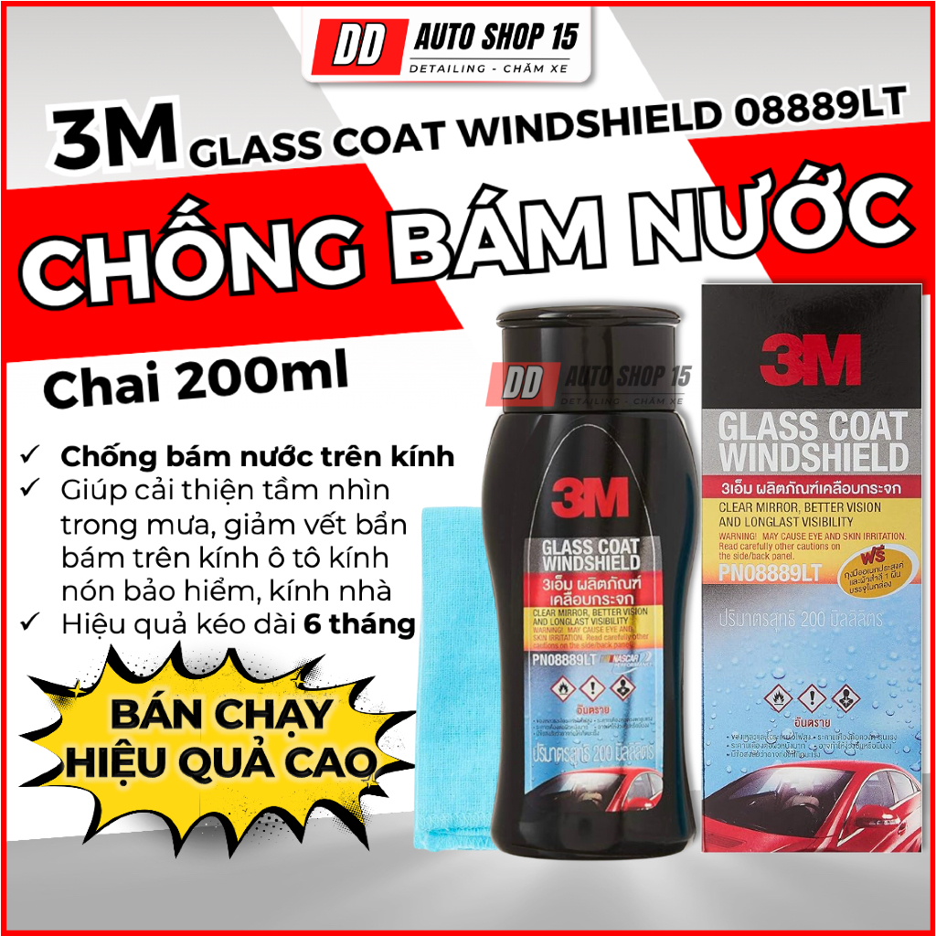Phủ nano chống bám nước 3M trên kính xe ô tô chai 200ml , trên gương chiếu hậu xe. 3M Glass Coat - D