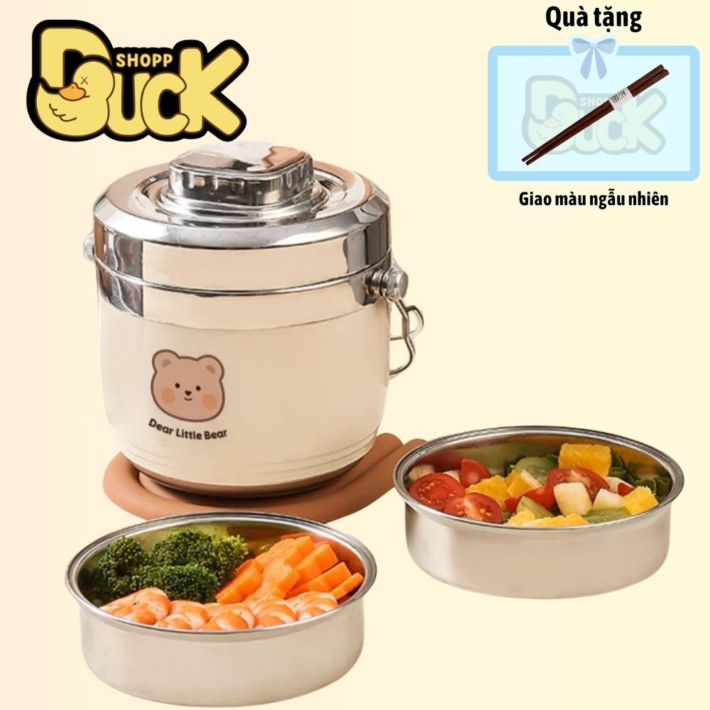 Dear Bear - Rabbit Hộp đựng cơm giữ nhiệt 1500ml - Cà men inox đựng cơm giữ nhiệt full inox 304 (Tặng Đũa gỗ)