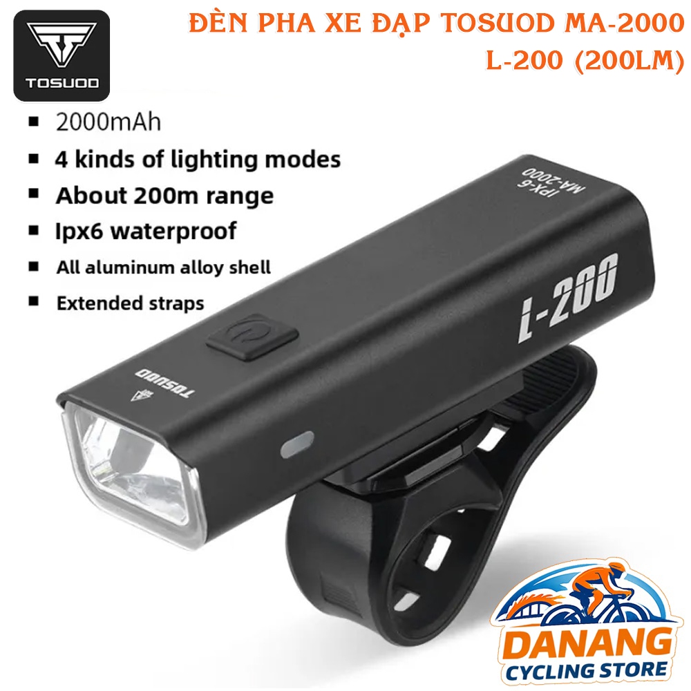 Đèn Pha Xe Đạp TOSUOD MA-2000 L-200 – Vỏ Nhôm Cao Cấp, Chống Nước, Pin Sạc USB