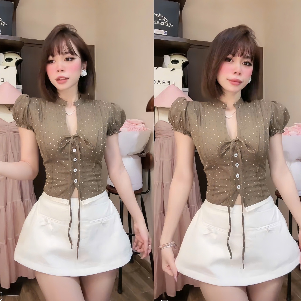 Áo boi hạt cổ V phối tà ren