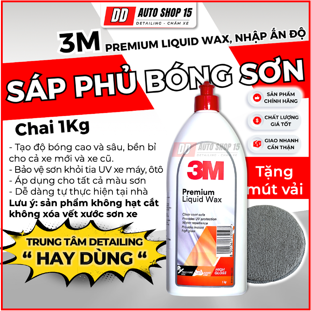 Sáp lỏng phủ bóng sơn xe 3M Premium Liquid Wax 1kg PN06065, đánh bóng sơn 3M - DD Auto Shop 15