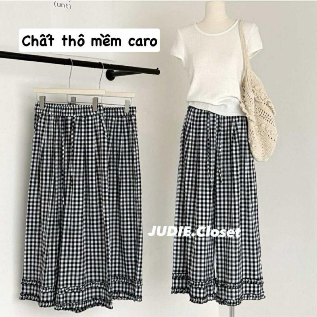 GẤU BÈO - Quần Suông Gấu Bèo Chất Thô Mềm Kẻ caro cạp chun JUDIE.Closet