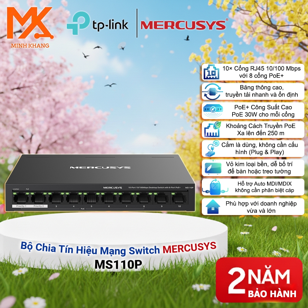 [Hot] Mercusys Switch PoE+ MS110P 8 Port PoE + 2 Port Uplink – Dùng Cho Camera, Plug & Play