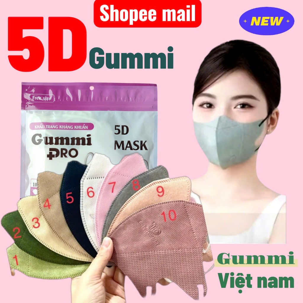 Khẩu Trang 5D Gummi ( combo 400 cái ) Cái 3 Lớp kháng khuẩn, chống tia uv.