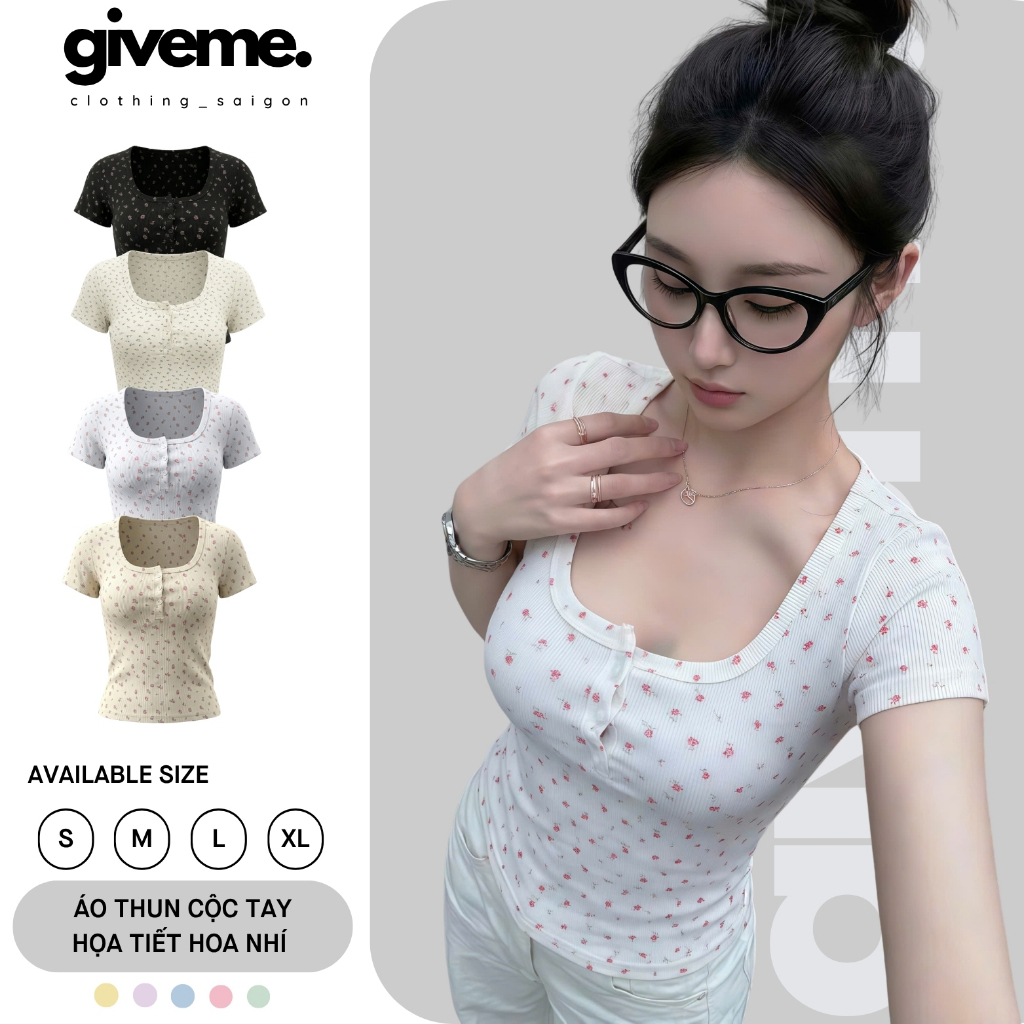 Áo Thun Nữ Cổ U Tay Ngắn In Hoa Nhí Cài Nút Phong Cách Hàn Quốc Chất Thun Tăm Lạnh Ôm Body Bare Give