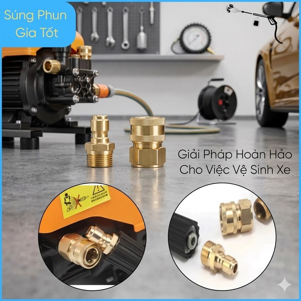 Khớp nối nhanh máy rửa xe, Khớp đồng nối nhanh máy rửa xe ren 22mm (Ren bi 22mm) Mã 016