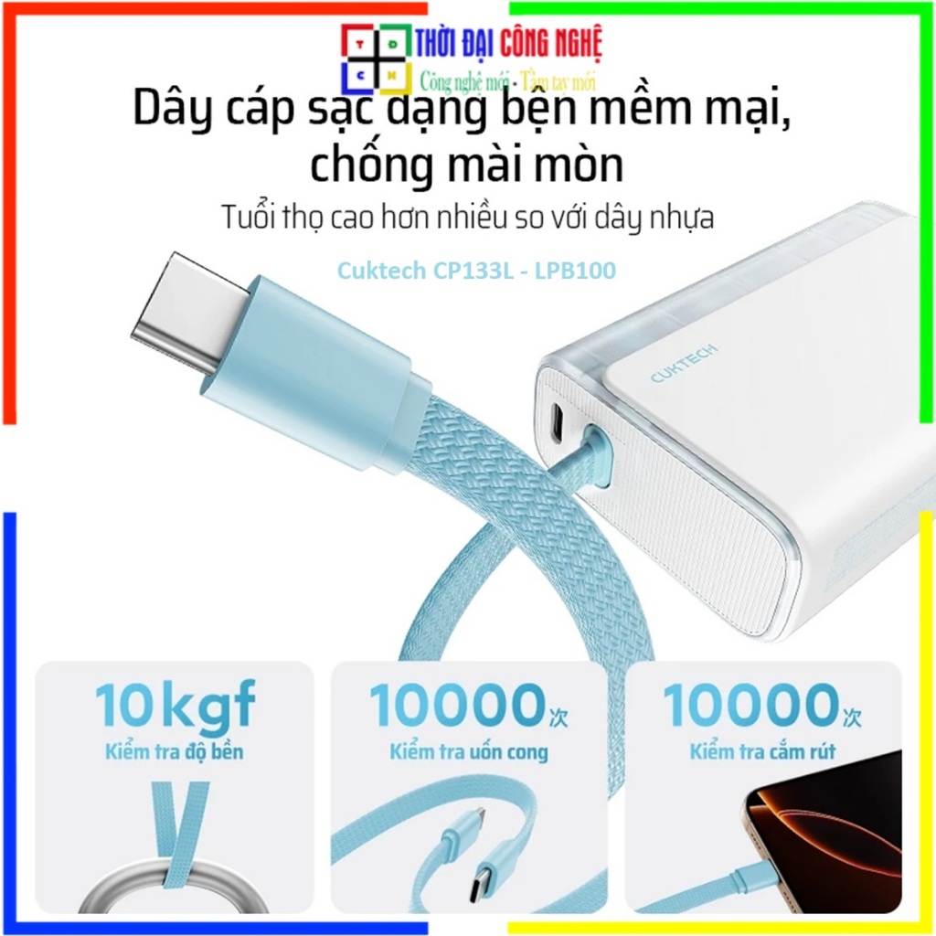 Pin Dự Phòng Cuktech CP133L LPB100 10000mAh - Sạc Nhanh 33W PD/PPS - Có Sẵn Cáp Type-C - Bảo Hành 18