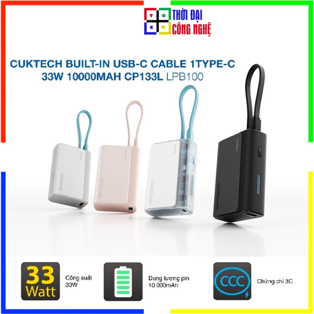 Pin Dự Phòng Cuktech CP133L LPB100 10.000mAh 33W Có Sẵn Cáp Type-C - Sạc Nhanh PD/PPS/QC - Chính Hãn