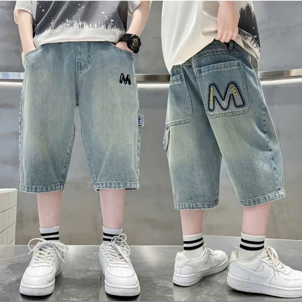 {MEZA Kid} Quần Jean Bé Trai Thêu Chữ M Cá Tính Quần Bò Trẻ Em Street Phong Cách Hàn Cực Chất - M67