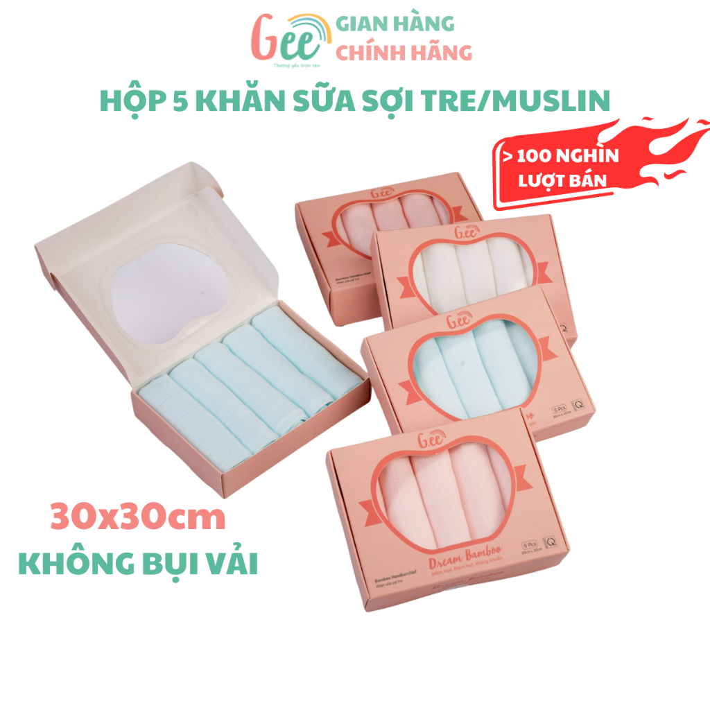Khăn sữa Gee cao cấp, set 5 khăn sợi tre/muslin cho bé sơ sinh, không bụi vải…