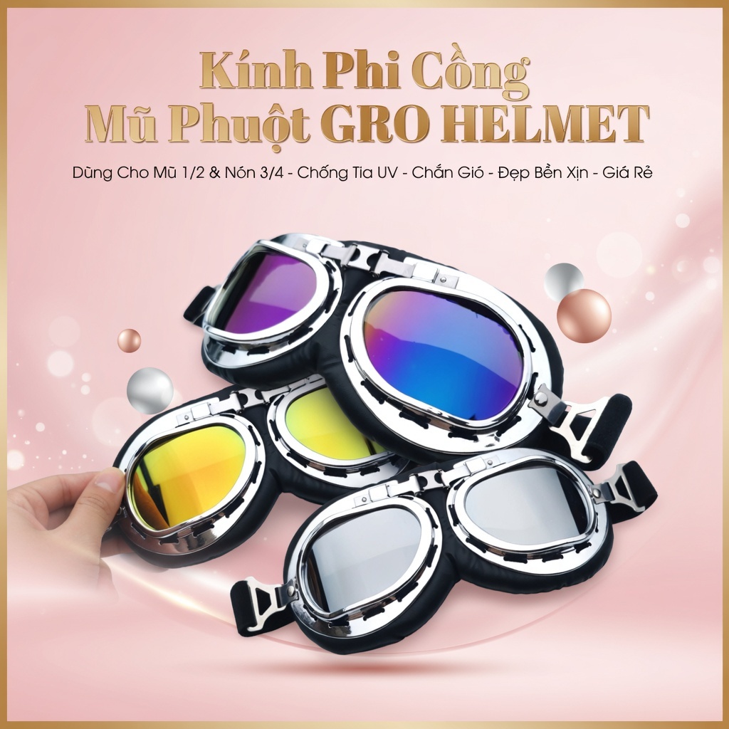 Kính phi công GRO Helmet – kính mũ phượt 1/2, 3/4 chống UV, chắn gió