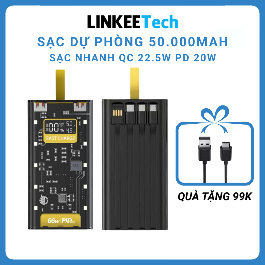 Sạc Dựng Phòng Trong Suốt 50000mAh Với 2 Cổng Sạc Nhanh 22.5w và PD 20W Kèm 4 Đầu Sạc Màn Hình LED- DL Tech | BigBuy360 - bigbuy360.vn