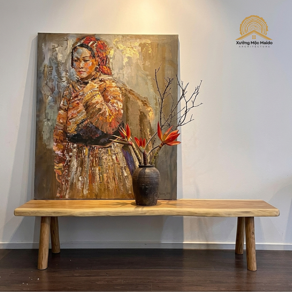 Ghế băng dài gỗ tràm tự nhiên chắc chắn, decor trang trí - Xưởng Mộc Maido