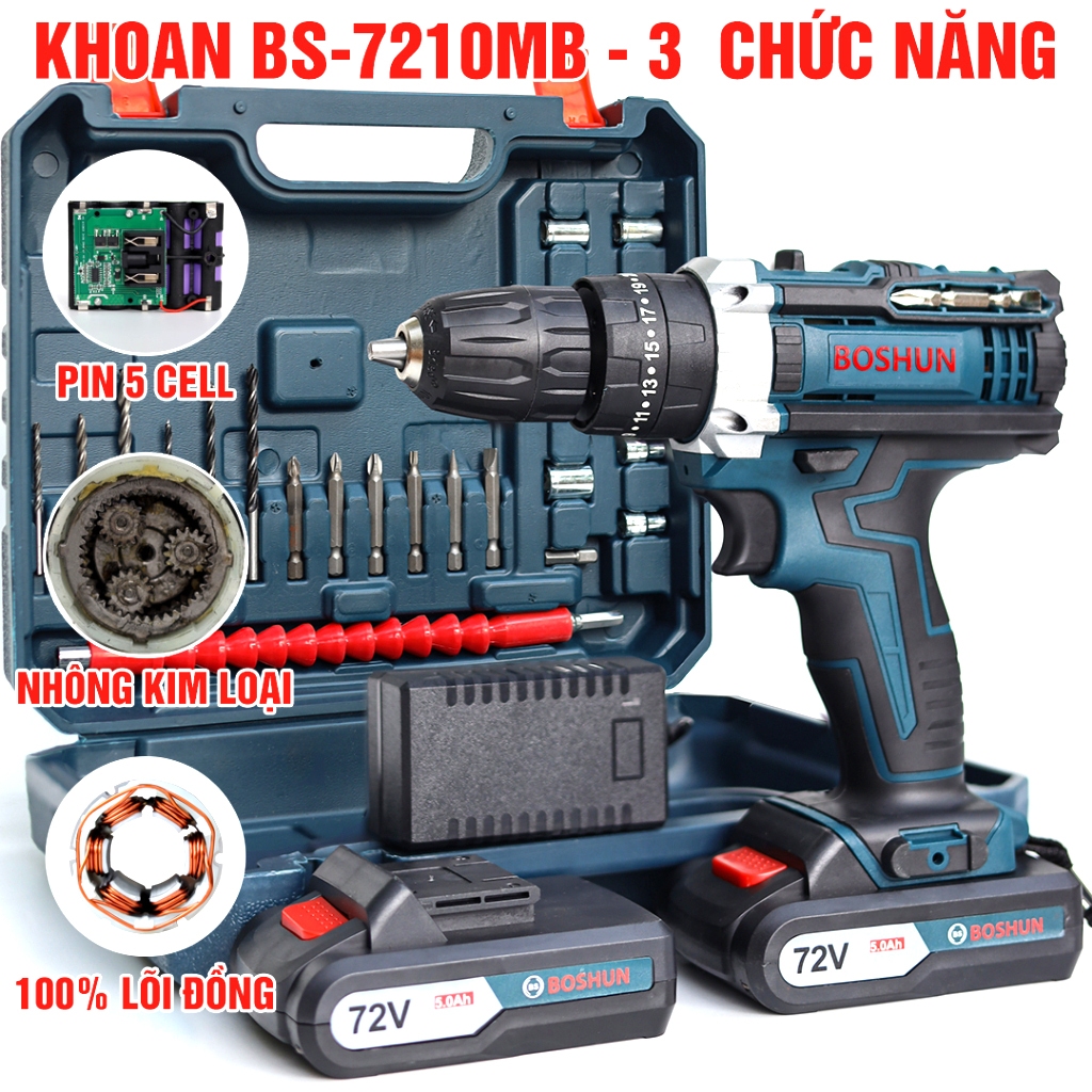 Máy Khoan Pin Boshun BS-7210MB Pin cao cấp Khoan 3 Chức Năng Bắt Vít Khoan…