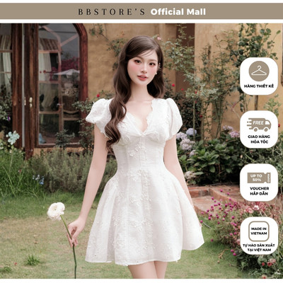 MissChic by BBSTORE'S Đầm Dạo Phố Cotton Ngắn Thuê Hoa Cotton Cổ V Tay Phồng Bí - DAC76A