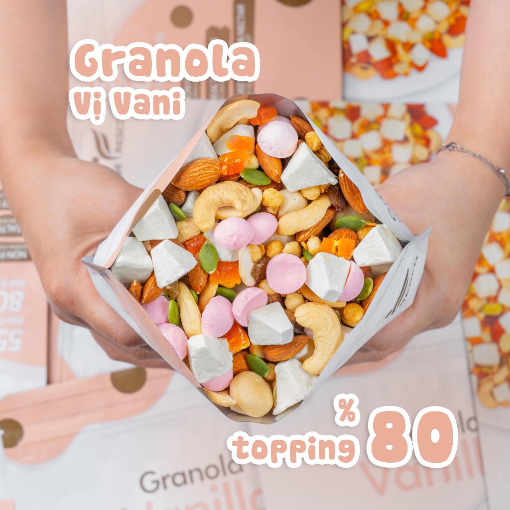 Granola 80% Topping Nhiều Hạt Nhiều Viên Sữa Chua Sấy Vị Vanila Ngũ Cốc Ăn Kiêng Befresco