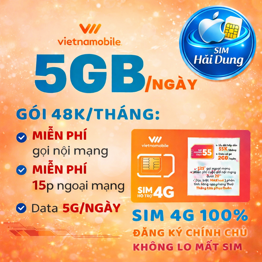 SIM QUỐC DÂN Vietnamobile 4G Ngày 5GB Miễn Phí Gọi Nội Mạng 15P Ngoại Mạng Chỉ 48k/tháng