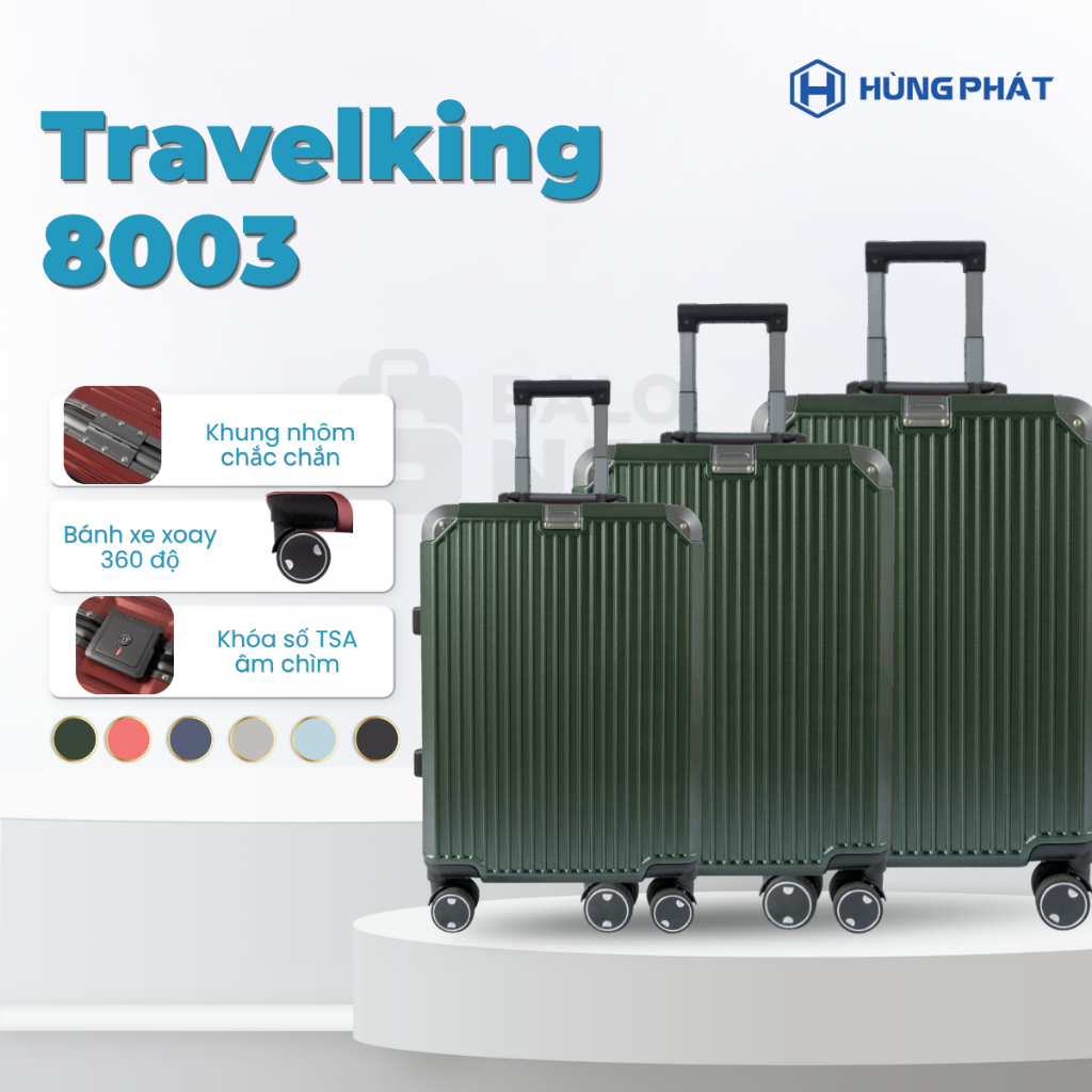 [HÙNG PHÁT] Vali Khung Nhôm Khóa Sập Cao Cấp Travelking 8003 Hùng Phát Chịu Lực Tốt