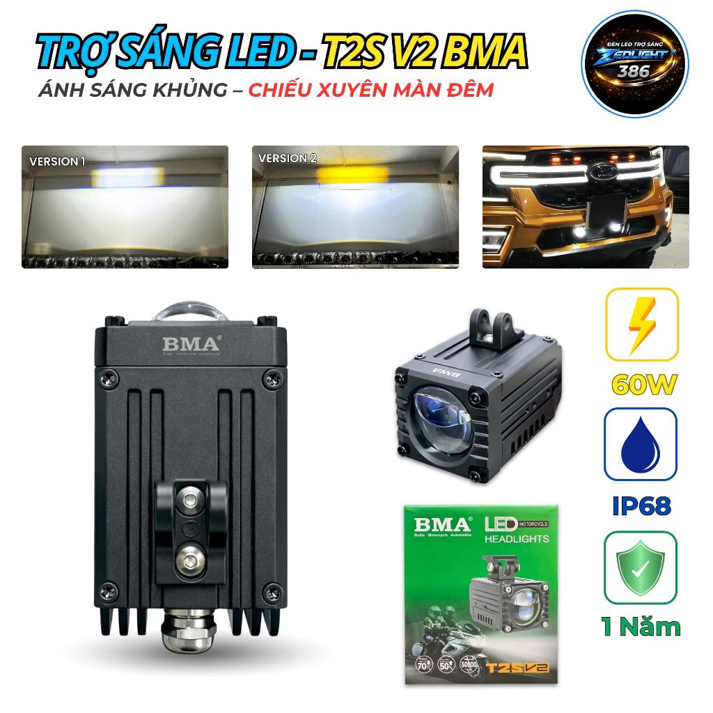 Đèn Trợ Sáng T2S V2 BMA - Siêu Sáng, Ánh Sáng Thế Hệ Mới, Pha Laser Mắt Ếch, Chống Nước IP68 Lắp Oto