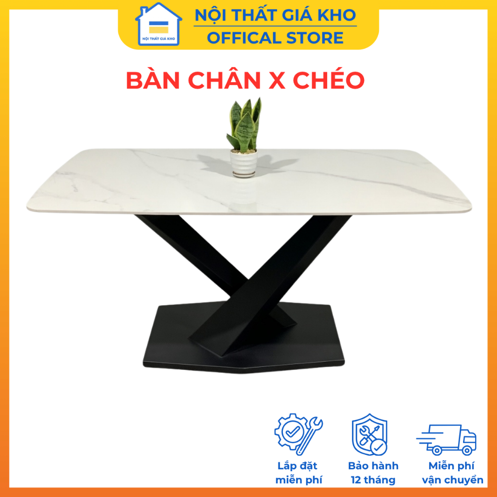 Bàn ăn mặt đá ceramic bóng chân X - Bàn ăn 1m4, 1m6, 1m8 cho 4 người 6 người 8 người