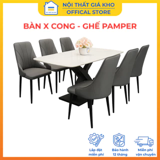 Bàn ăn chân X cong mặt đá ceramic kết hợp ghế Pamper | Bàn 1m2, 1m4, 1m6, 1m8 | BÀN GIÁ RẺ