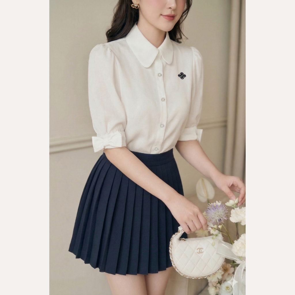 Áo sơ mi cổ sen thêu hoa, áo sơ mi tiểu thư phối nơ tay phồng vải bamboo ít nhăn Linly Store A-SM27 | BigBuy360 - bigbuy360.vn