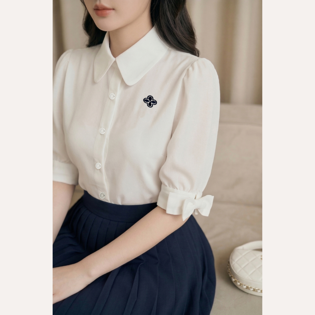 Áo sơ mi cổ sen thêu hoa, áo sơ mi tiểu thư phối nơ tay phồng vải bamboo ít nhăn Linly Store A-SM27 | BigBuy360 - bigbuy360.vn