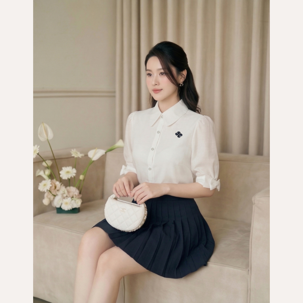 Áo sơ mi cổ sen thêu hoa, áo sơ mi tiểu thư phối nơ tay phồng vải bamboo ít nhăn Linly Store A-SM27 | BigBuy360 - bigbuy360.vn