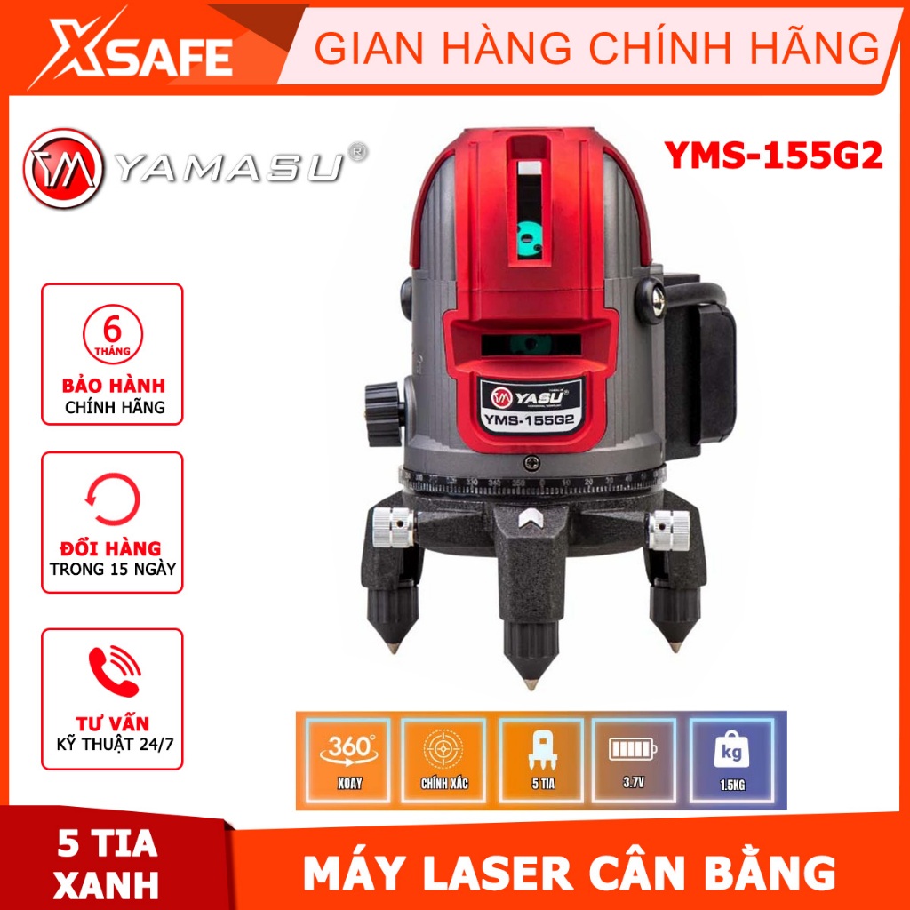 Máy laser cân bằng 5 tia xanh YAMASU YMS-155G2 4 tia đứng, 1 tia ngang, 1 tia dọi tâm - Chính hãng