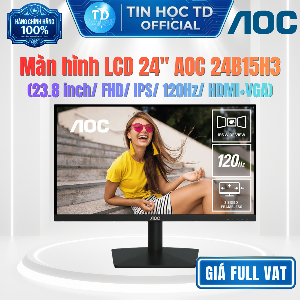 Màn hình LCD 24" AOC 24B15H3 – 23.8 inch FHD IPS 120Hz 1ms - Hàng chính hãng DGW phân phối