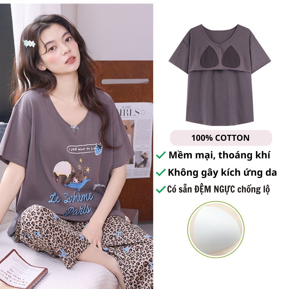 Bộ Mặc Nhà Nữ Có Đệm Ngực Quần Lửng Áo Cộc Tay Vải Cotton Nguyên Chất Set Đồ Ngủ Thoải Mái YOLUM