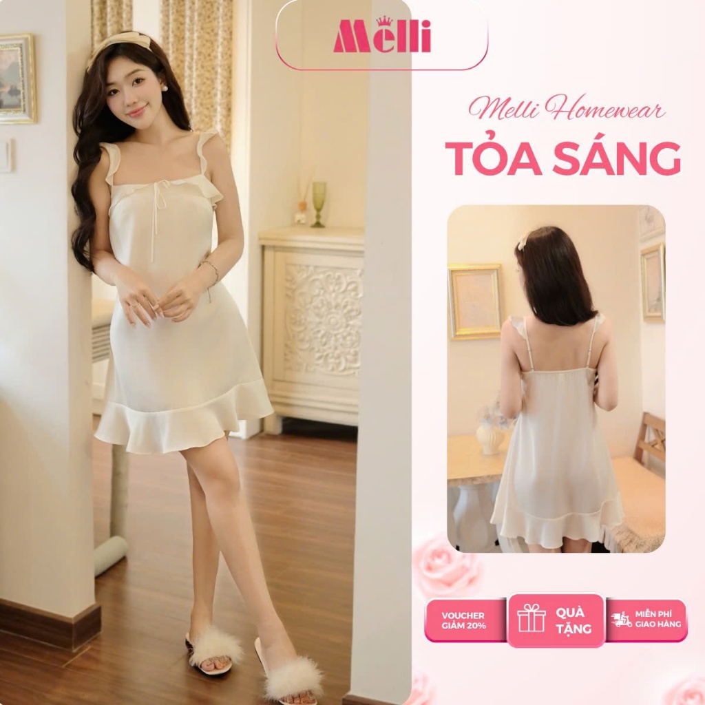 Váy Ngủ Lụa Cao Cấp 2 Dây Phối Bèo Xinh , Đầm Ngủ Lụa Latin Mềm Mại Sang Trọng Quyến Rũ Cho Nàng (V32)