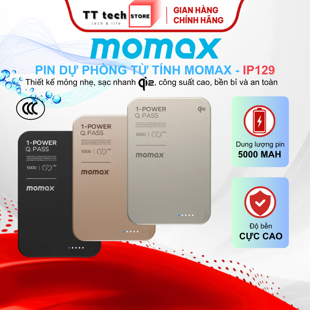 Pin sạc dự phòng không dây từ tính Momax IP129 1-Power Q.Pass Qi2 5000mAh | Siêu Mỏng | iP12-17 Seri