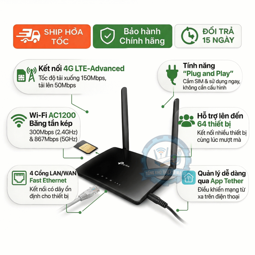 4G TP-Link TL-MR400 AC1200 Dual Band Cắm SIM Phát Wifi Tốc Độ Cao
