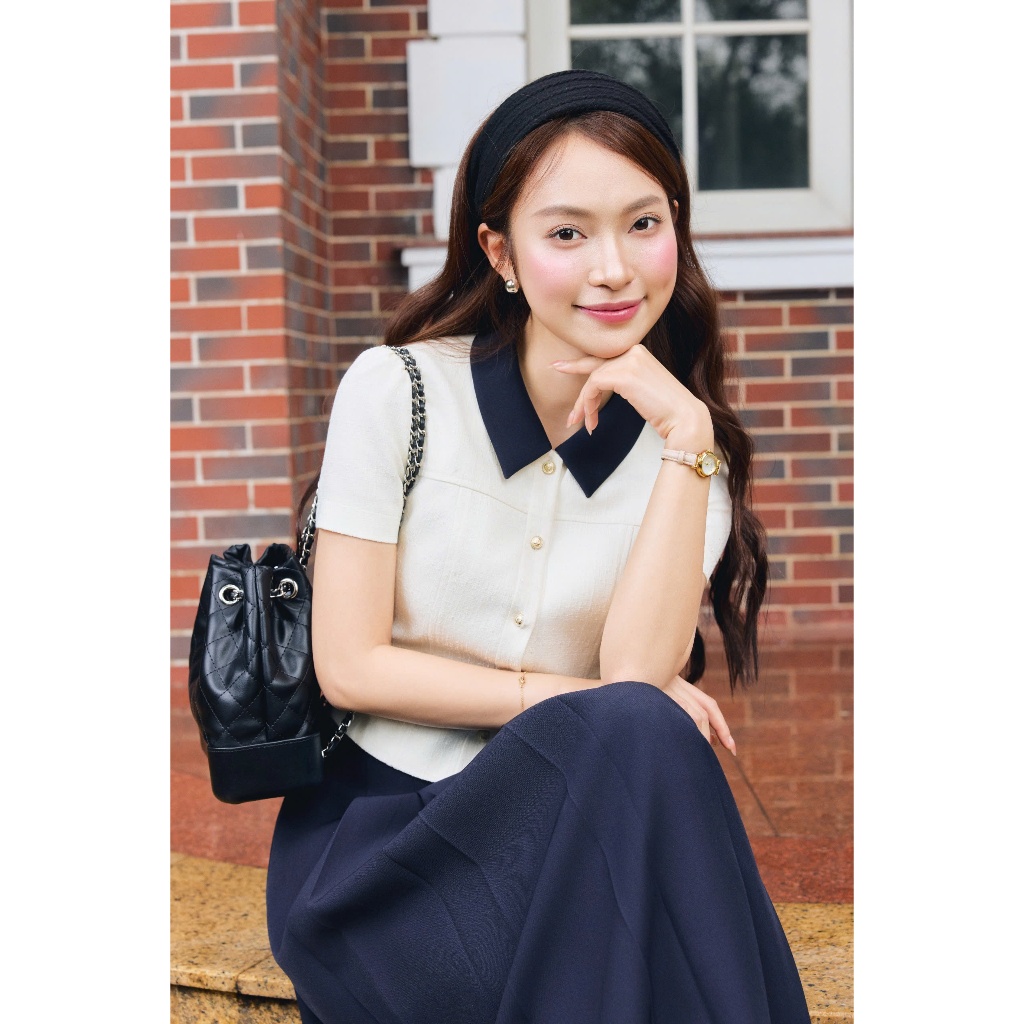 (Little Women) Áo kí giả gấm nảy phối cổ xanh, chất liệu cao cấp mịn mát nữ tính thời trang nữ Calie ACC622 | BigBuy360 - bigbuy360.vn