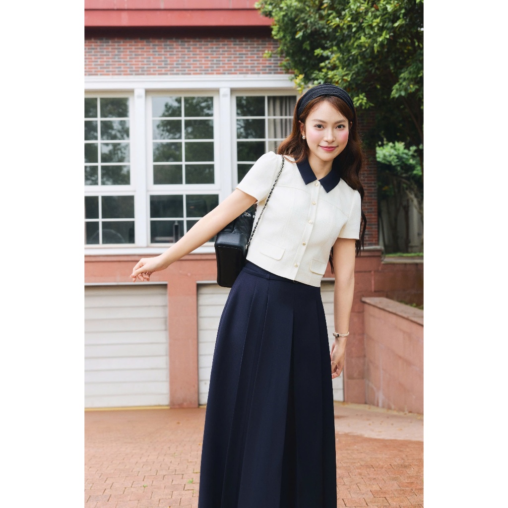 (Little Women) Áo kí giả gấm nảy phối cổ xanh, chất liệu cao cấp mịn mát nữ tính thời trang nữ Calie ACC622 | BigBuy360 - bigbuy360.vn