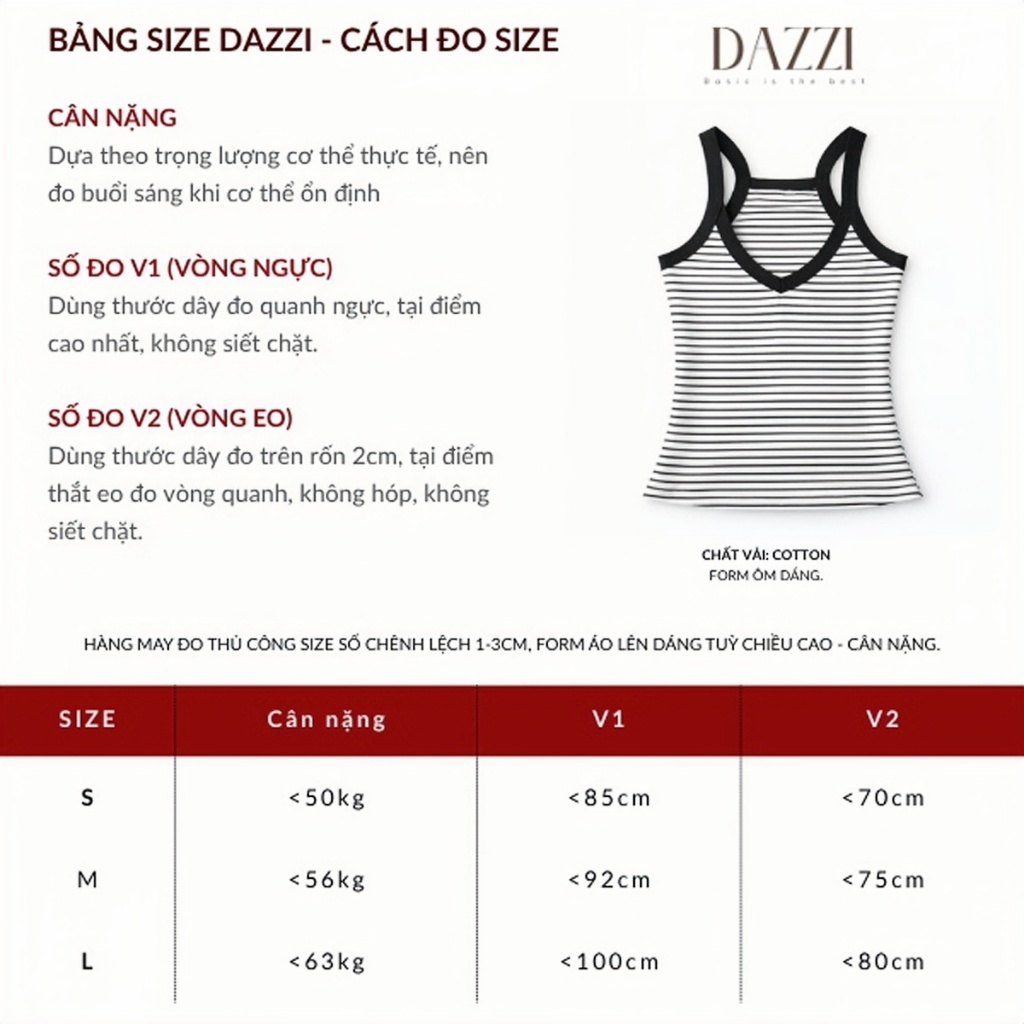 [TẶNG BĂNG ĐÔ] Áo hai dây nữ cổ tim thiết kế sọc ôm dáng chất cotton trẻ trung năng động DAZZI Women A080 | BigBuy360 - bigbuy360.vn