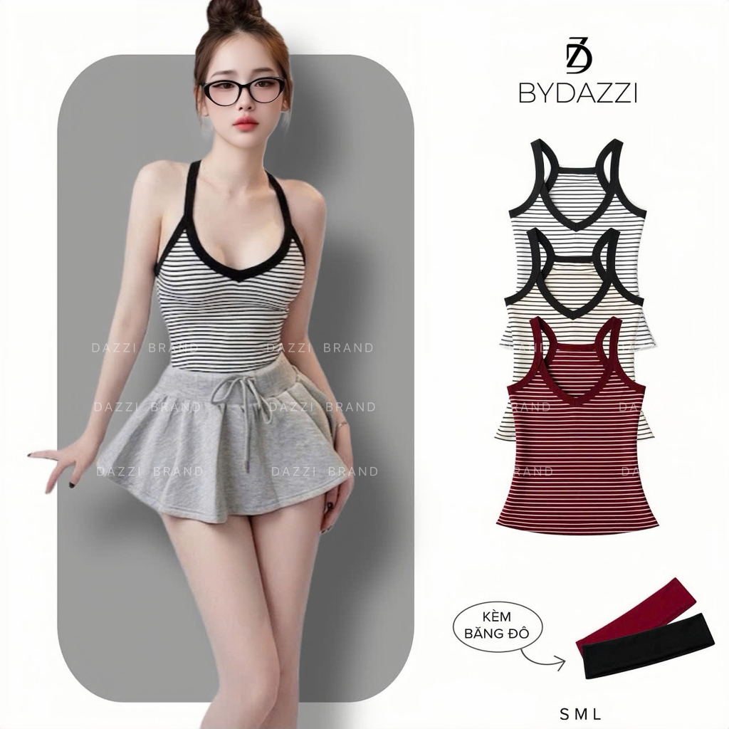 [TẶNG BĂNG ĐÔ] Áo hai dây nữ cổ tim thiết kế sọc ôm dáng chất cotton trẻ trung năng động DAZZI Women A080 | BigBuy360 - bigbuy360.vn