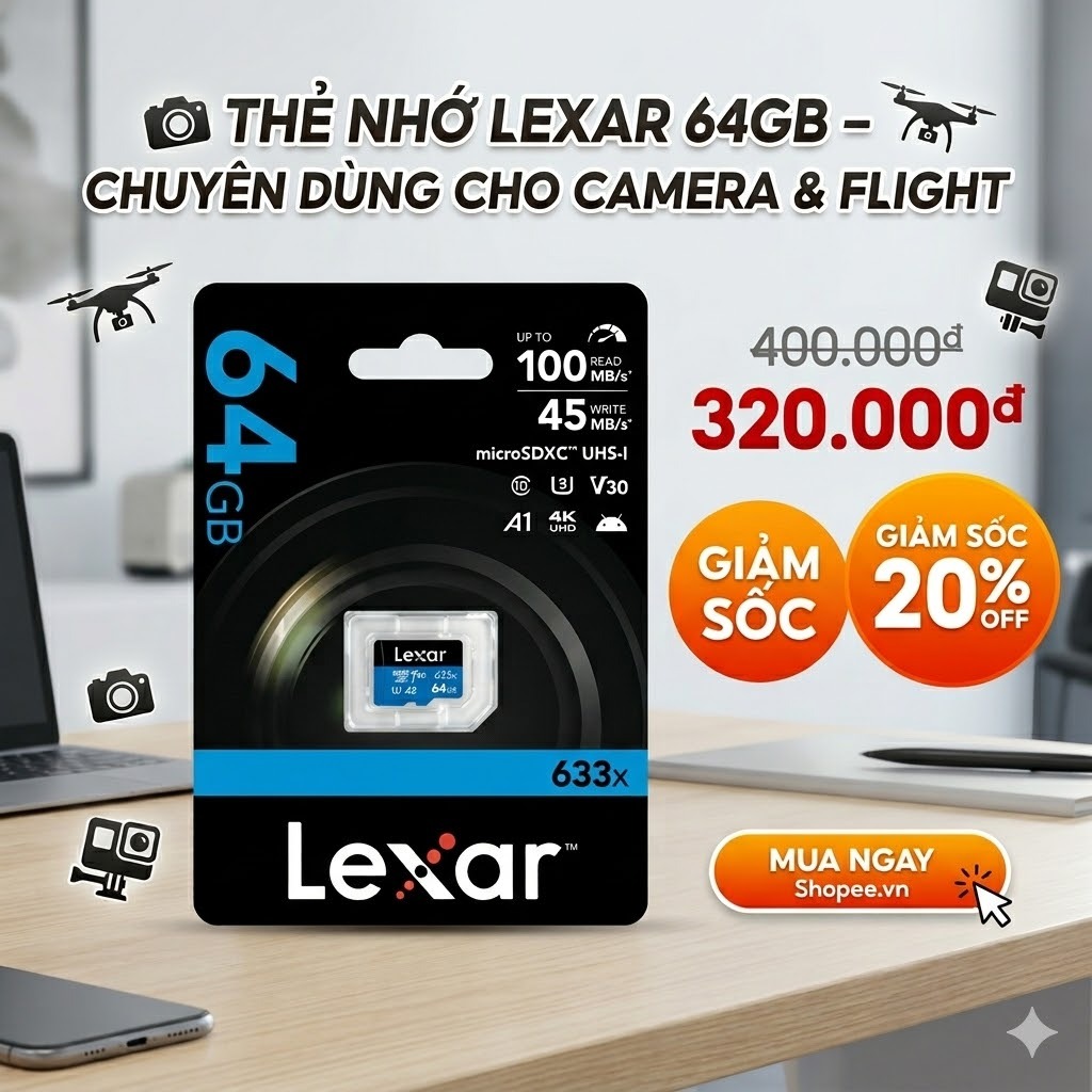 Thẻ Nhớ Lexar MICRO SD 64Gb 633X Tốc Độ 100mb/s - Hàng Chính Hãng