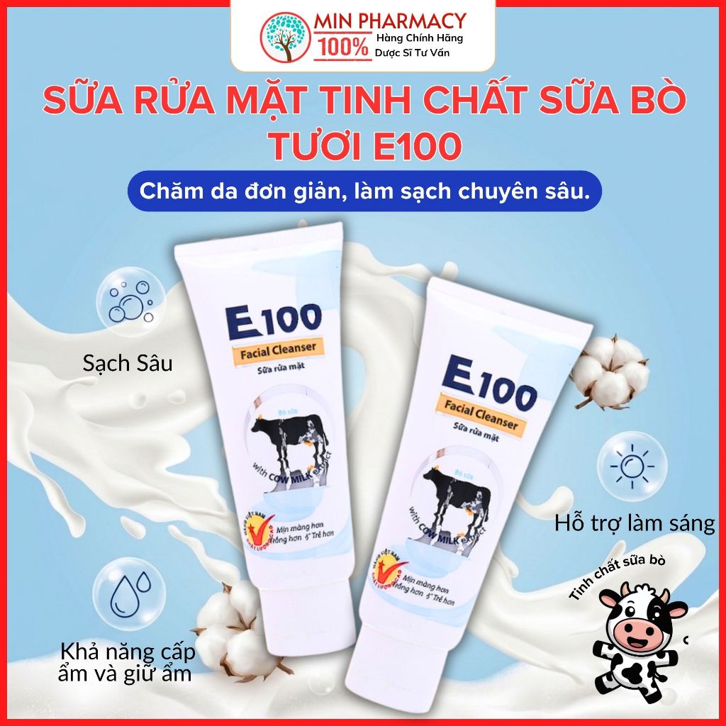 Sữa Rửa Mặt Tinh Chất Sữa Bò Tươi E100, E100 con bò - Minpharmacy
