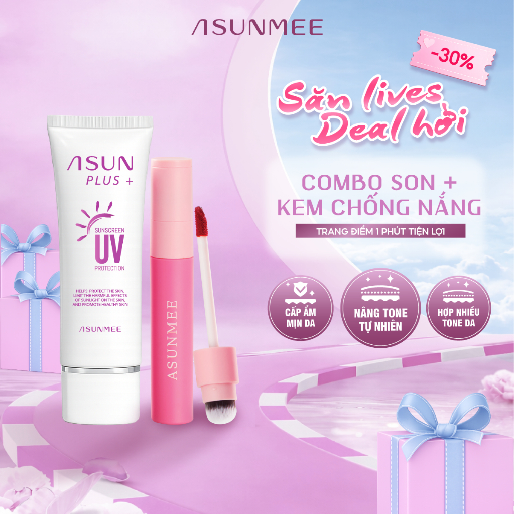 Combo Kem Chống Nắng + Son Kem Lì Asunmee – Nâng Tone SPF50 PA++++ Che Phủ Tốt, Lâu Trôi, Bảo Vệ Da